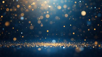The primary subject of the image is a close-up of a blue background with a pattern of glittering gold stars. The setting is a dark blue background, which contrasts with the bright gold stars. The visual style is a combination of a photo and digital art, creating a unique and eye-catching effect. The colors and mood of the image are predominantly dark blue and gold, giving it a sense of depth and sophistication.